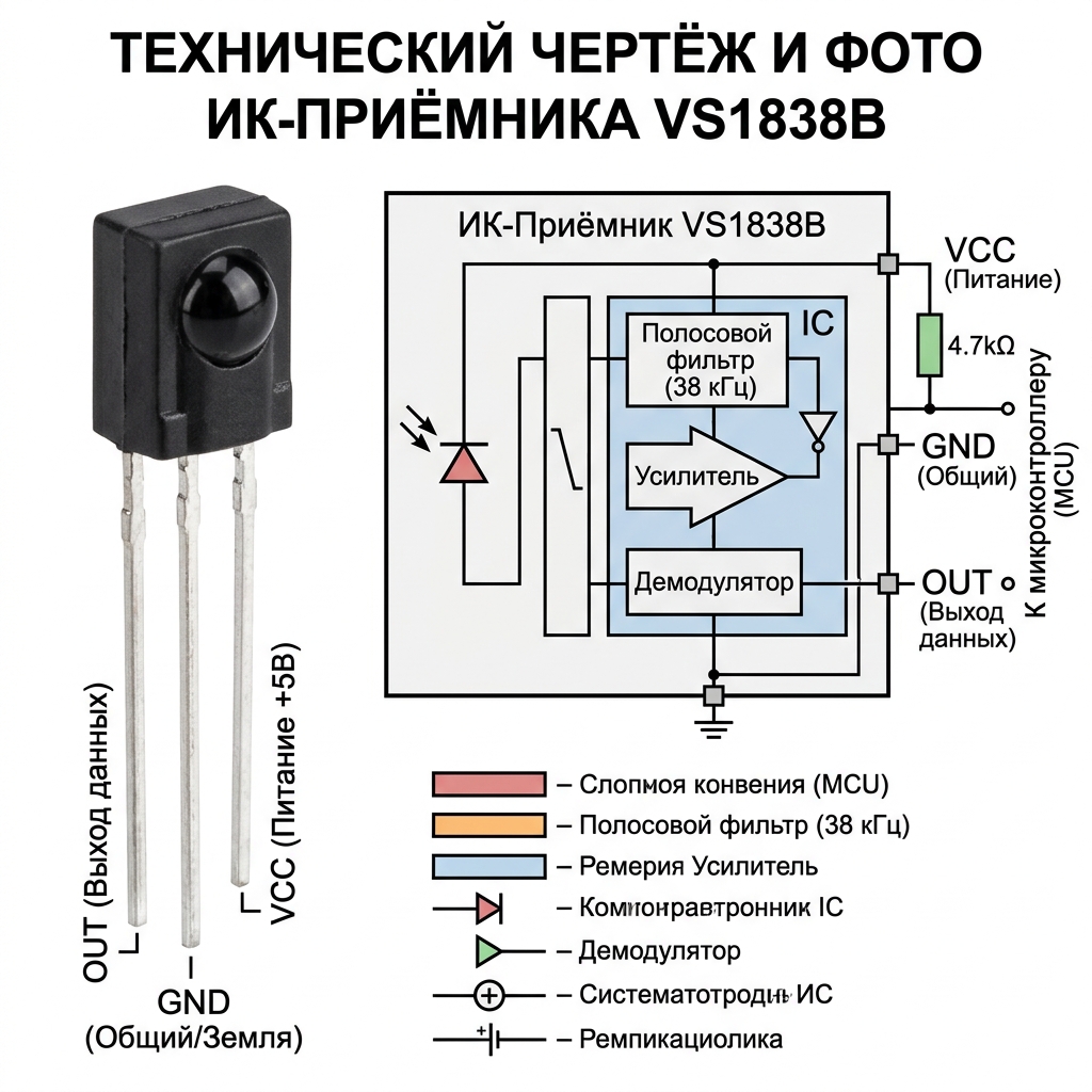 Распиновка ИК-приёмника VS1838B: OUT, GND, VCC