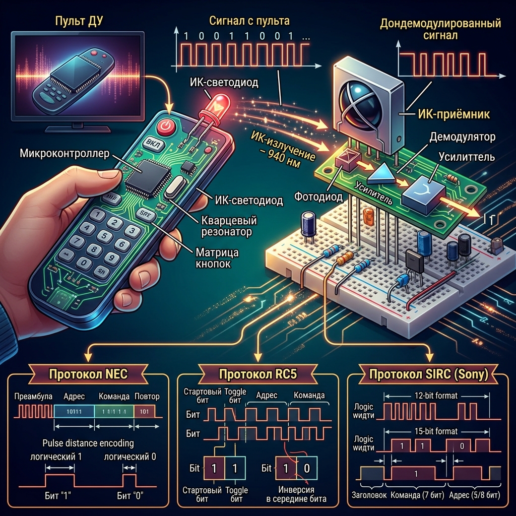 Принцип работы ИК-приёмника: модуляция 38кГц, демодуляция, цифровой сигнал