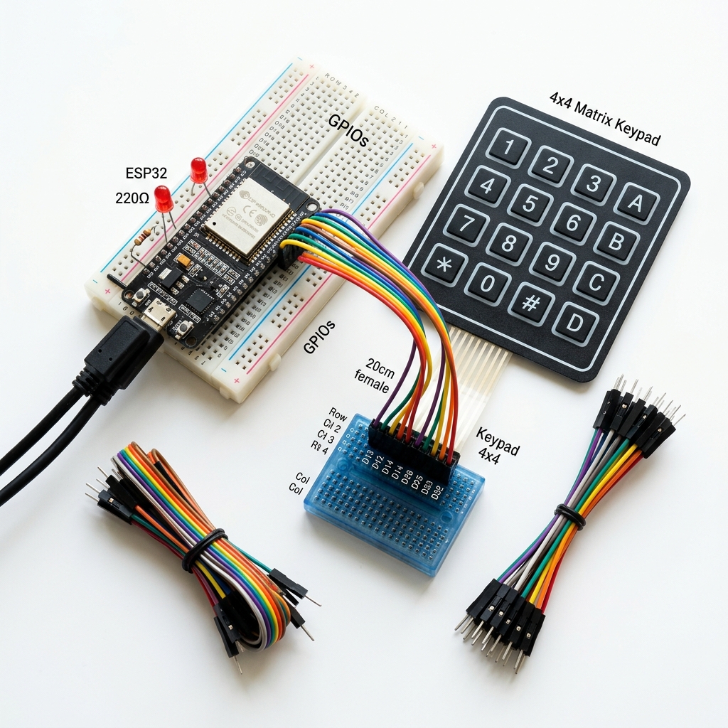 Компоненты для урока: ESP32, матричная клавиатура 4×4, светодиод, провода