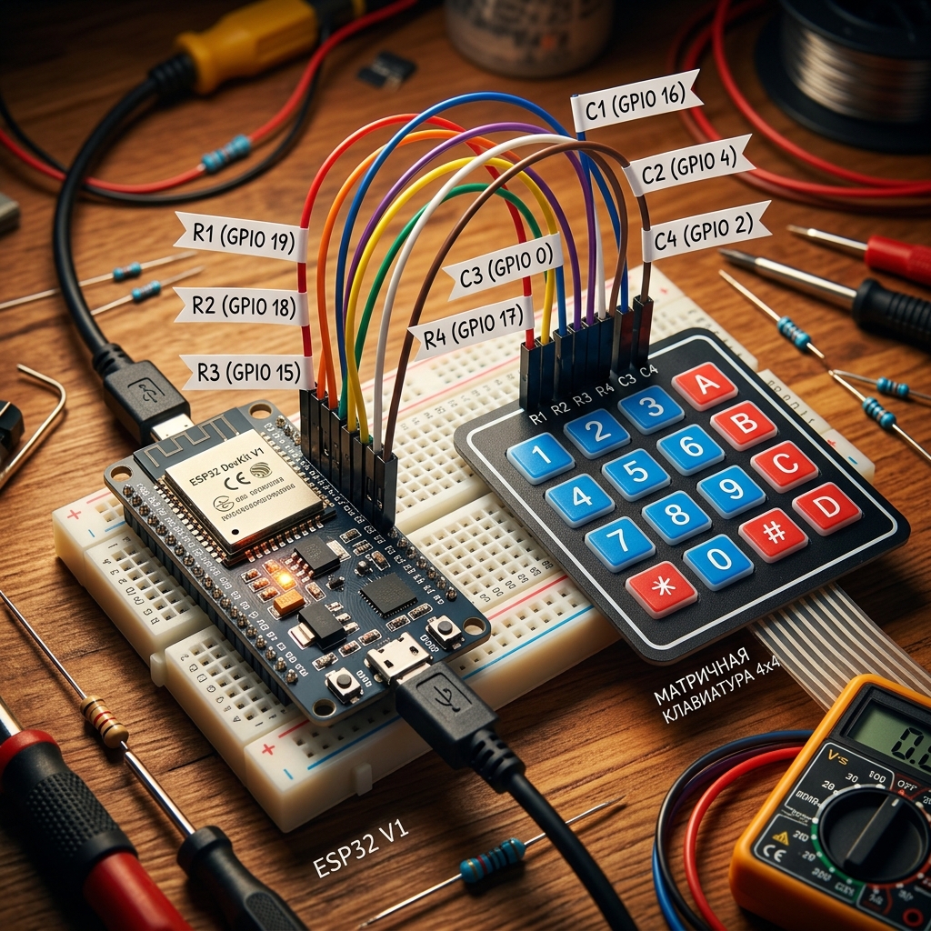 Схема подключения матричной клавиатуры 4×4 к ESP32