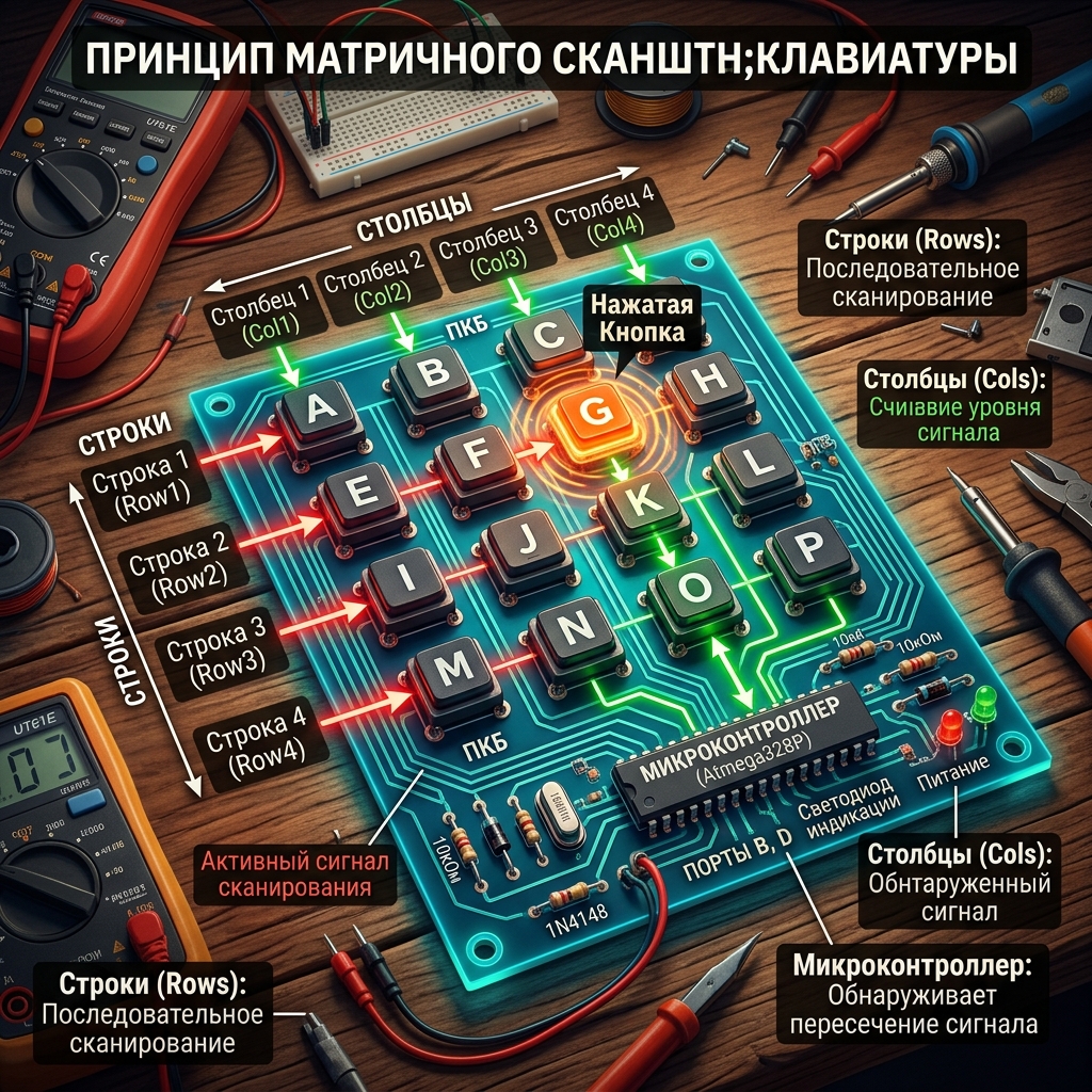 Принцип матричного сканирования клавиатуры 4×4