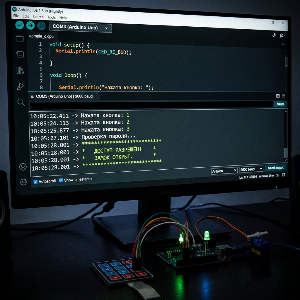 Serial Monitor: кодовый замок — ввод PIN, проверка, результат
