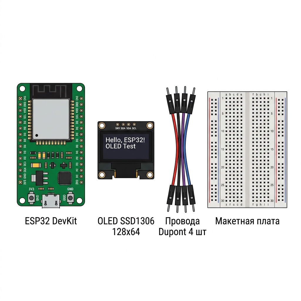 Компоненты для подключения OLED SSD1306 к ESP32: плата, дисплей, провода
