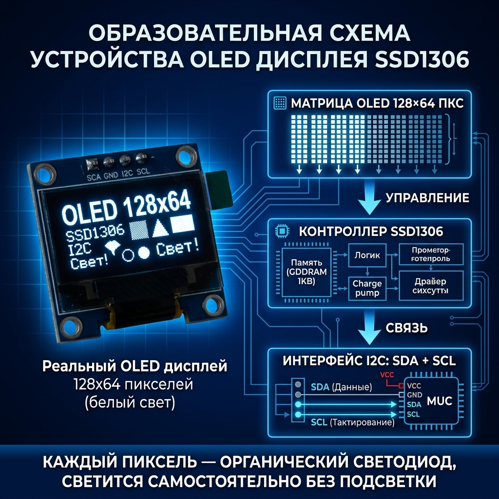 Устройство OLED дисплея SSD1306: матрица пикселей, контроллер, интерфейс I2C
