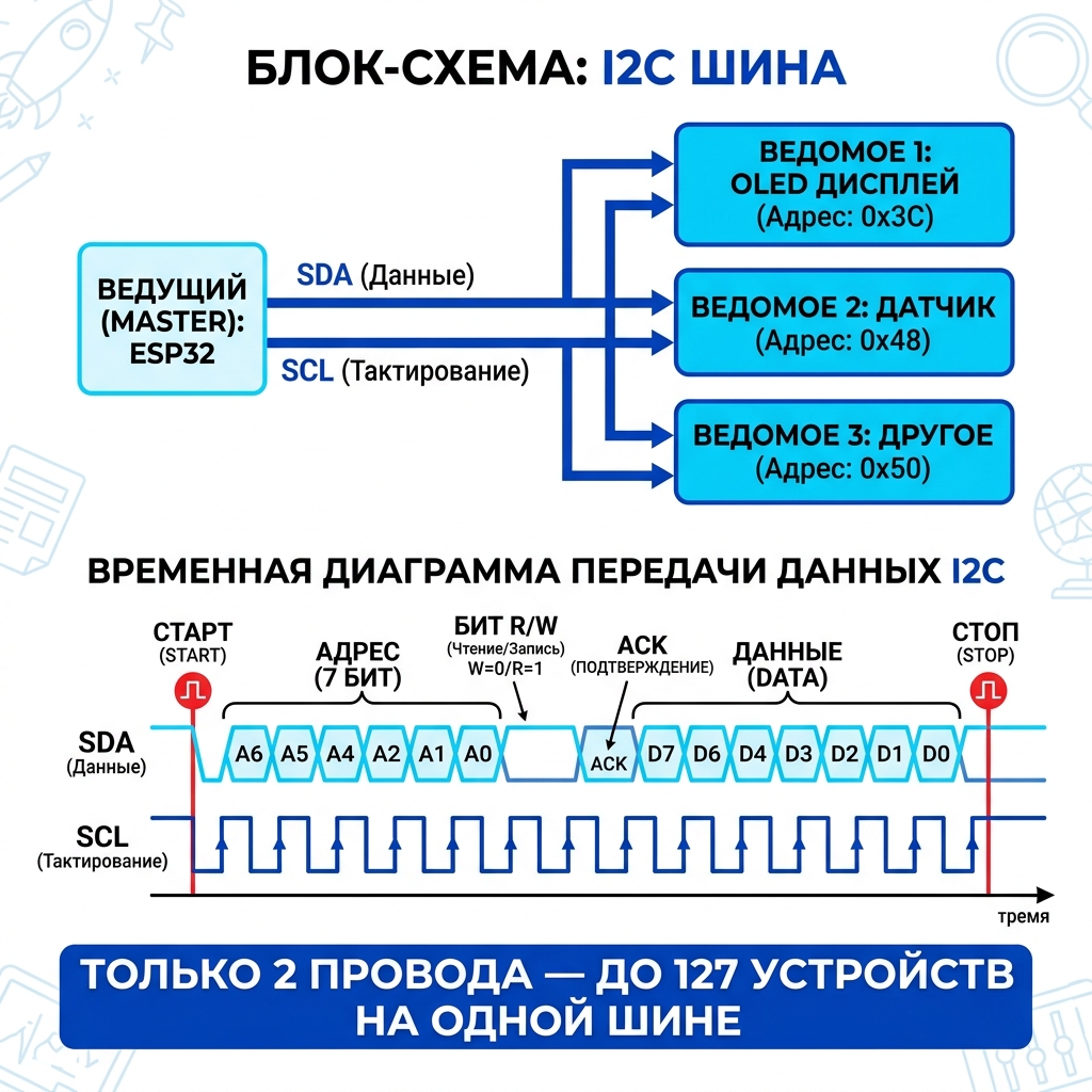 Диаграмма протокола I2C: линии SDA и SCL, адресация устройств