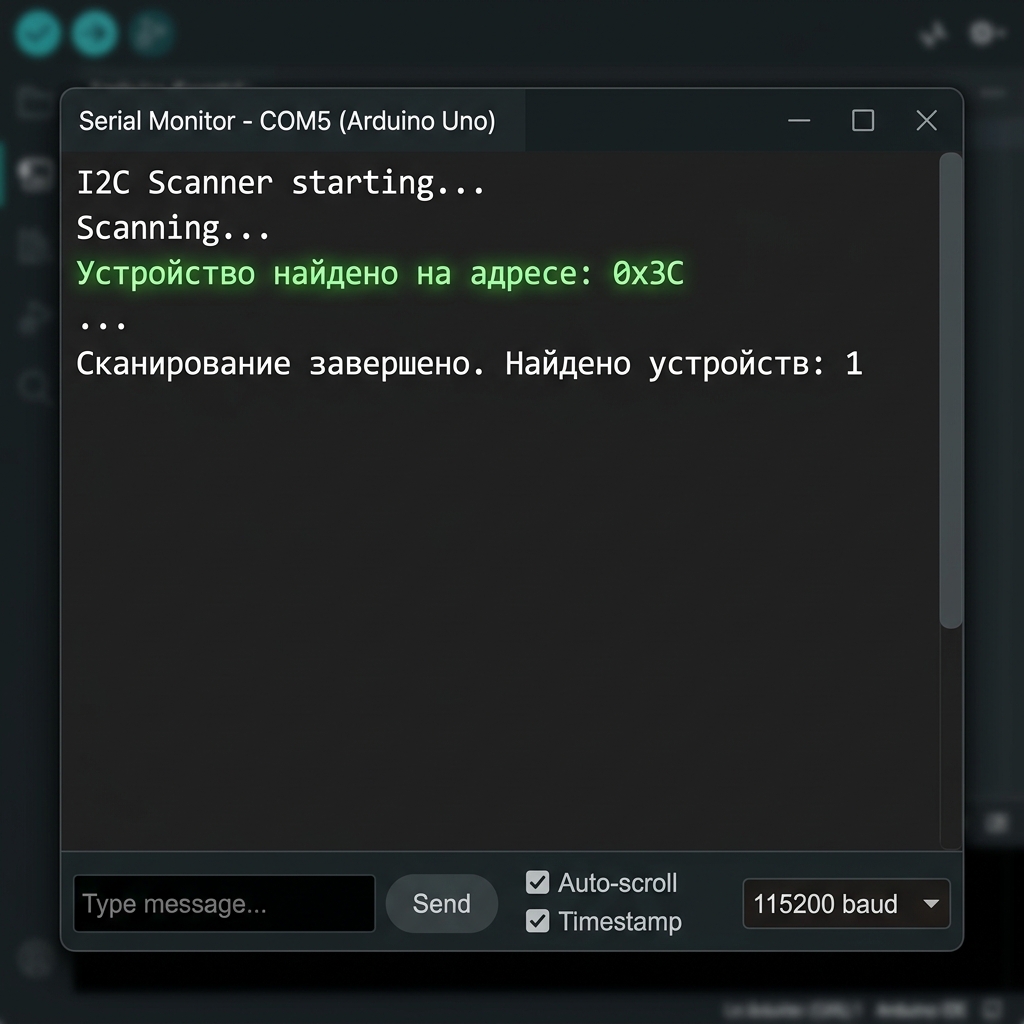 Результат I2C сканера в Serial Monitor: найдено устройство 0x3C