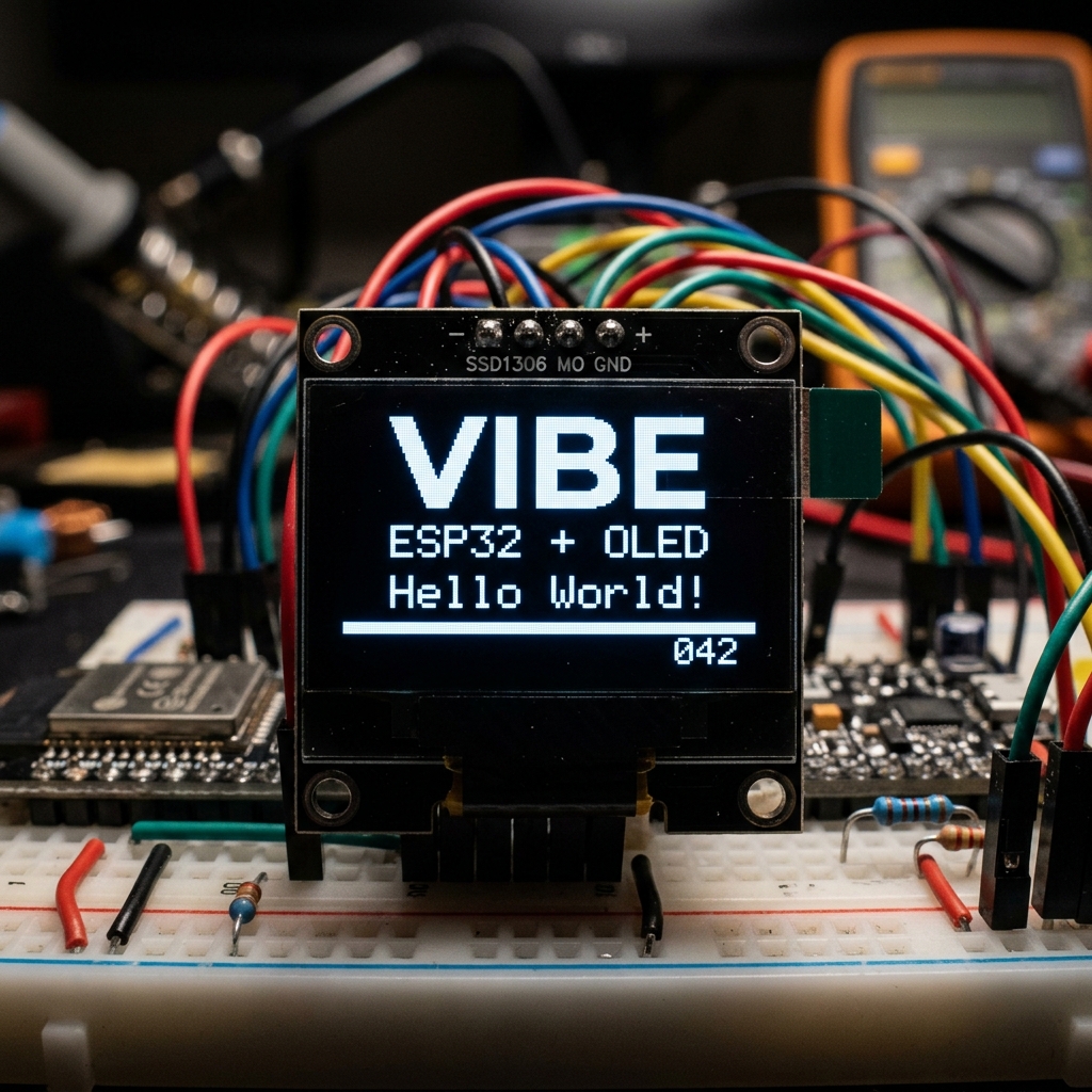 Пример вывода текста на OLED дисплее SSD1306: VIBE, ESP32+OLED, Hello World