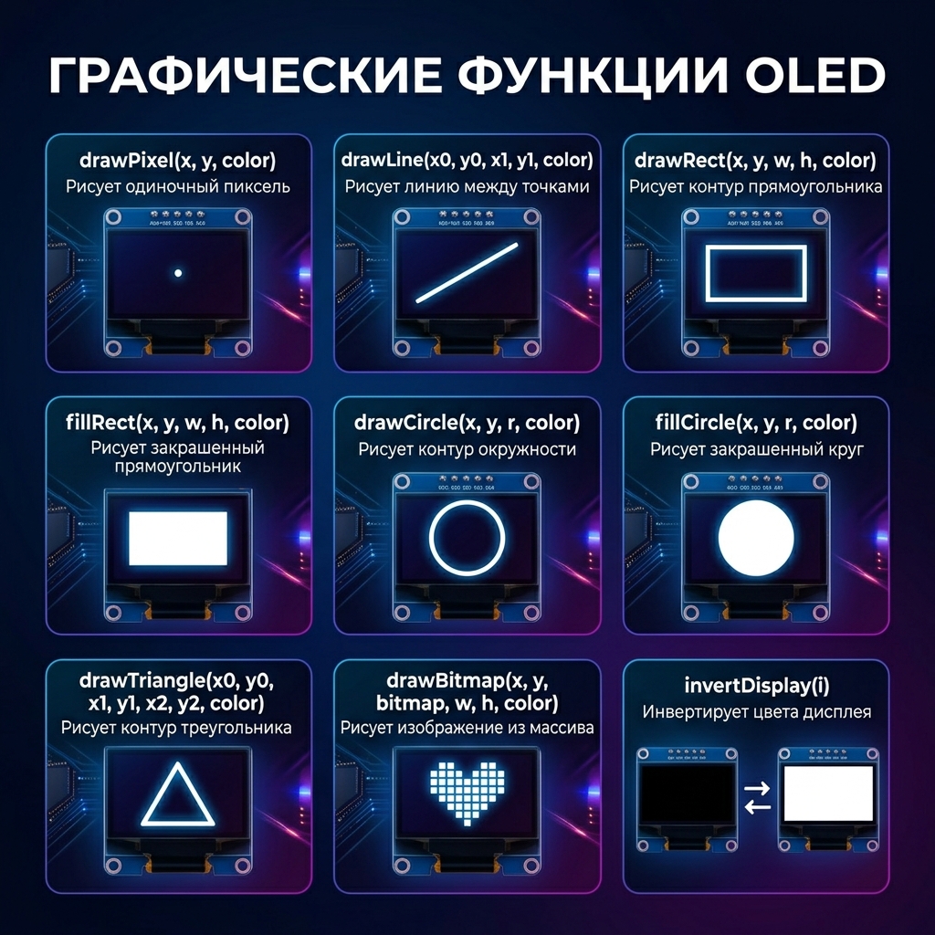 Таблица графических функций Adafruit SSD1306: drawRect, fillCircle, drawLine и другие