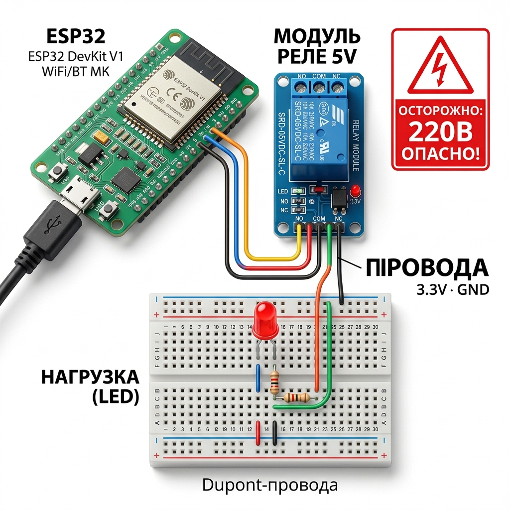 Компоненты для урока по реле: ESP32, модуль реле, нагрузка, провода