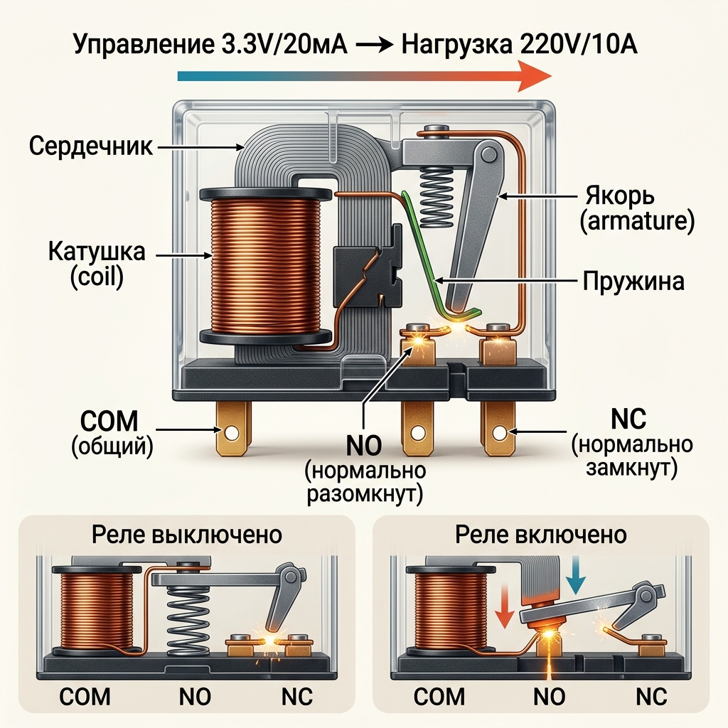 Внутреннее устройство реле: катушка, якорь, контакты COM, NO, NC