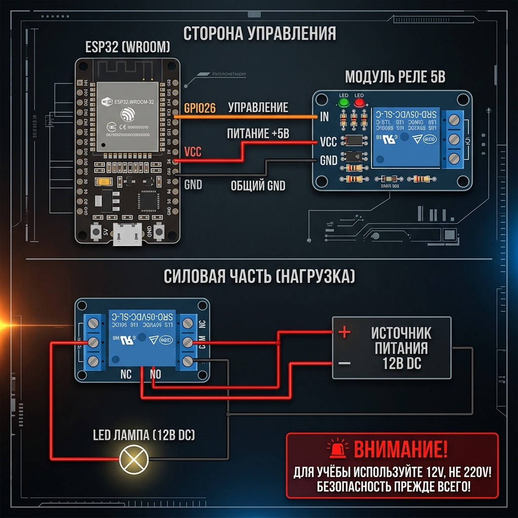 Схема подключения модуля реле к ESP32: сторона управления и силовая часть