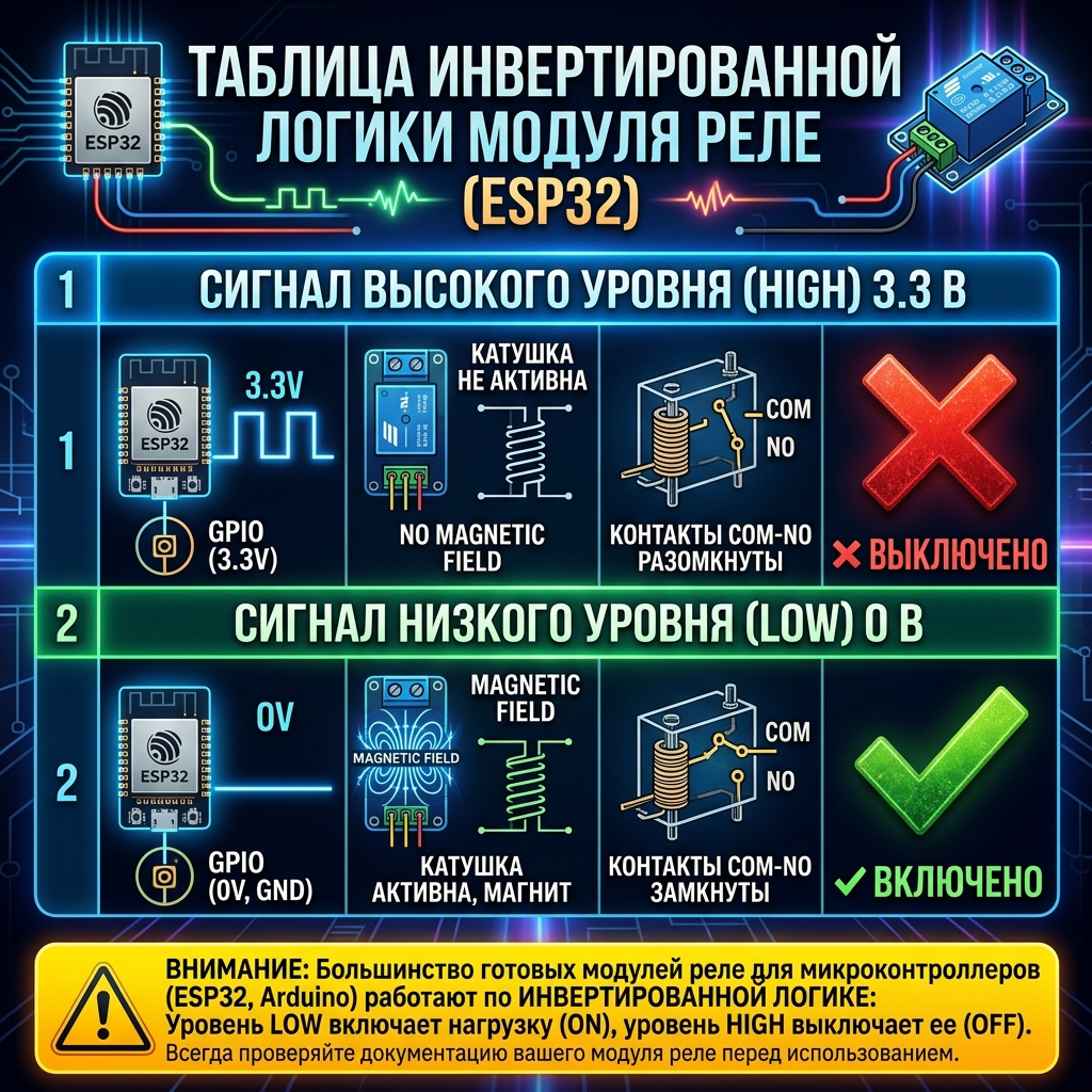 Инвертированная логика реле: LOW=включено, HIGH=выключено