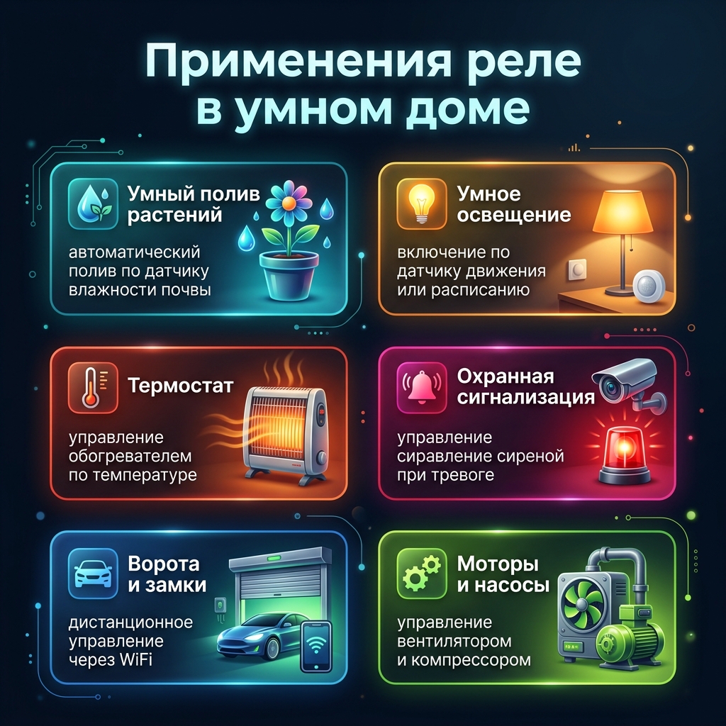 Применения реле в умном доме: полив, освещение, термостат, сигнализация, ворота, моторы