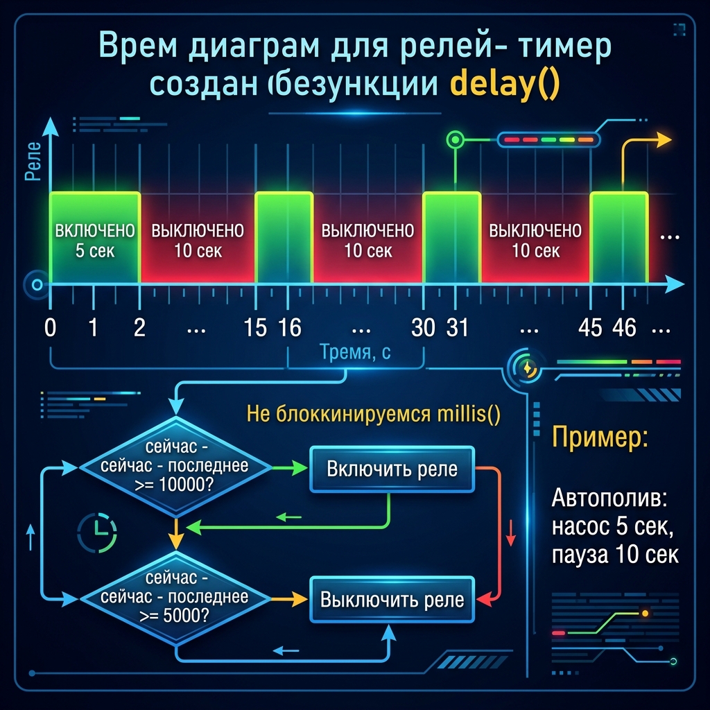 Временная диаграмма таймера реле с millis(): ВКЛЮЧЕНО 5 сек, ВЫКЛЮЧЕНО 10 сек