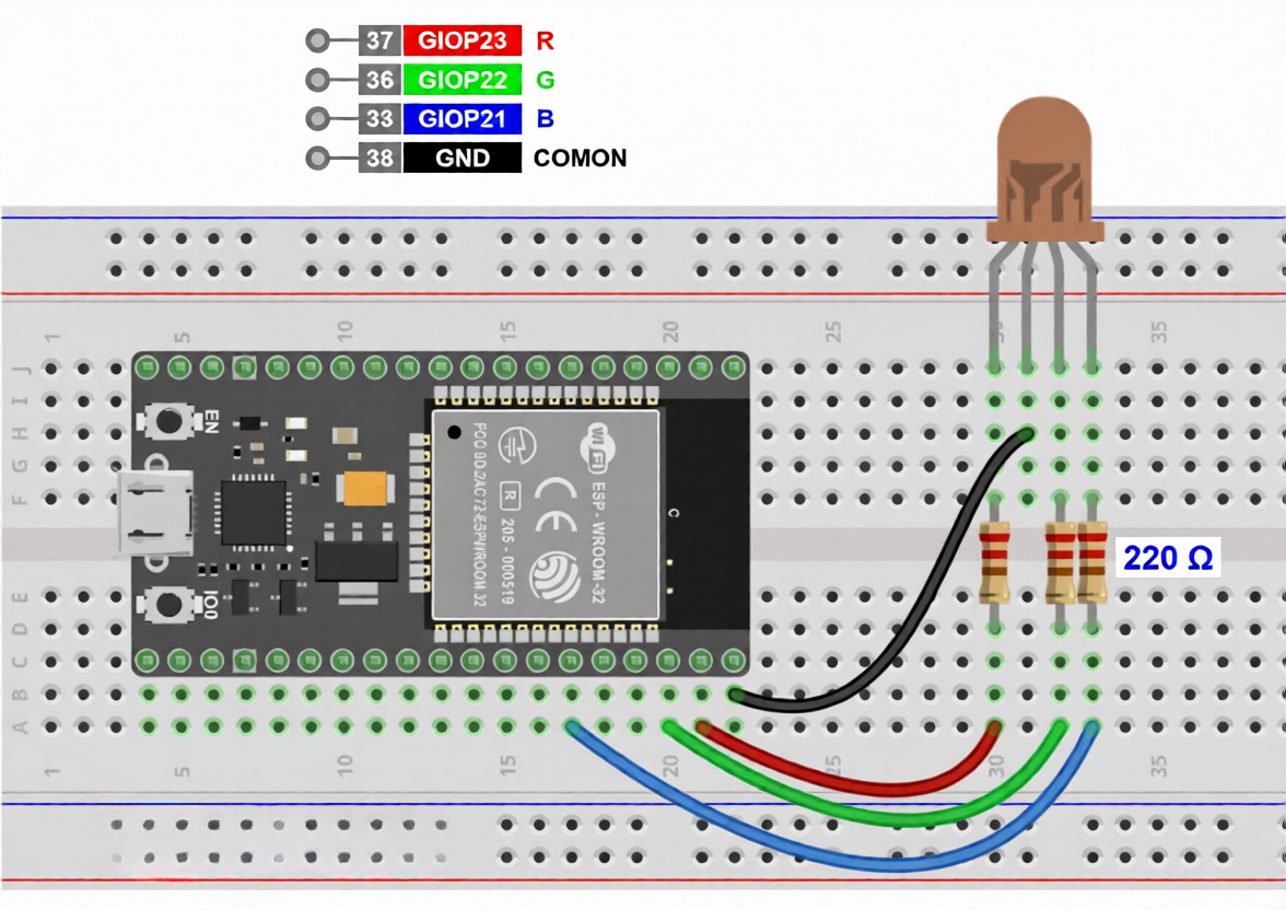 Схема подключения RGB светодиода к ESP32