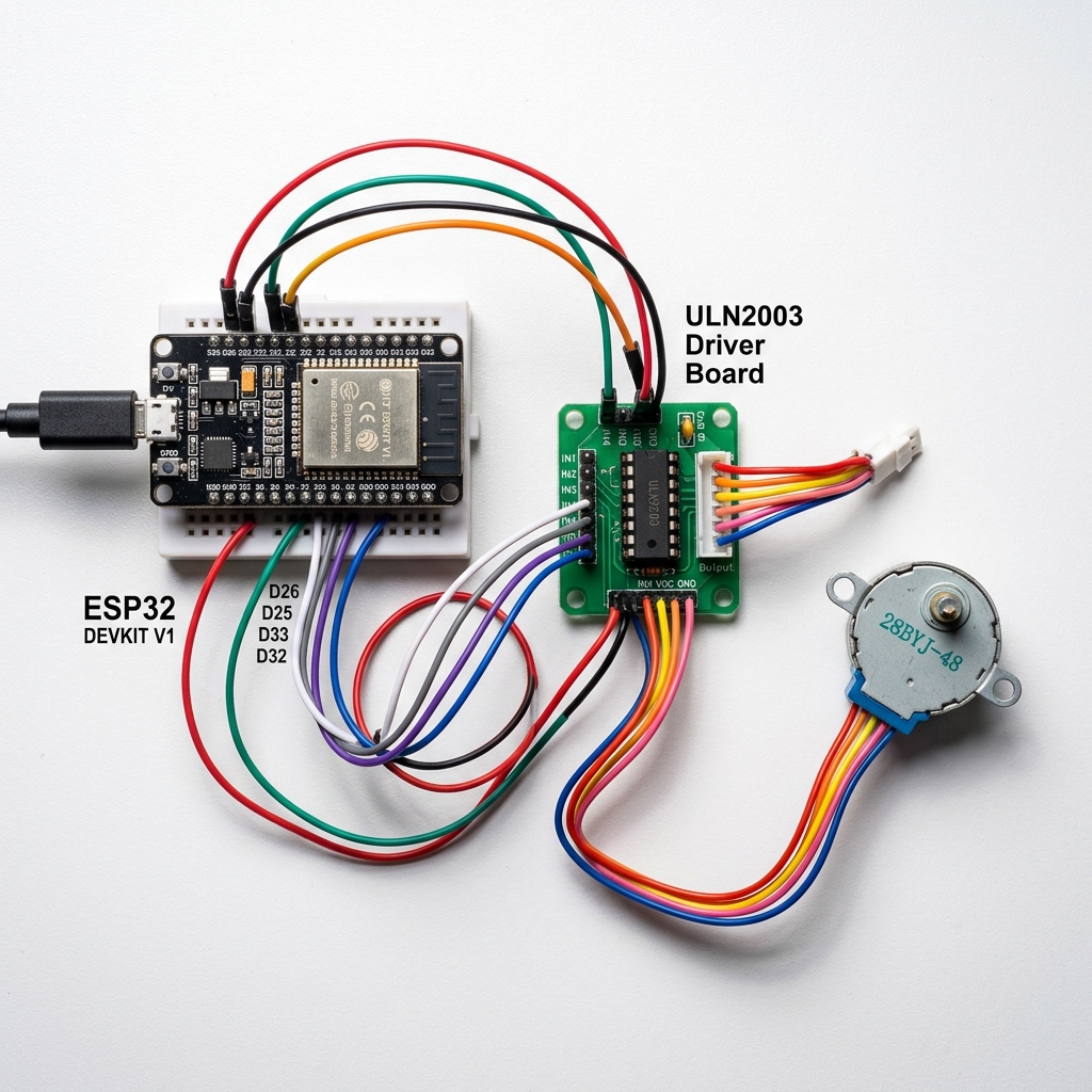 Компоненты для урока: ESP32, шаговый двигатель 28BYJ-48, драйвер ULN2003, внешний источник 5V