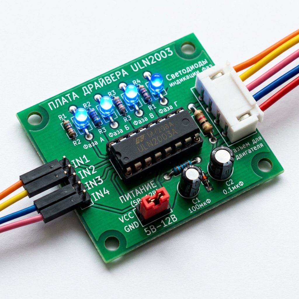 Драйвер ULN2003: входные пины IN1-IN4 и подключение к обмоткам двигателя