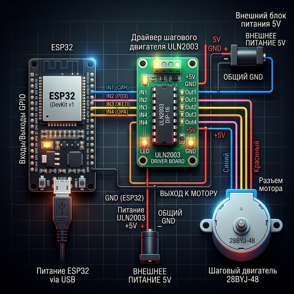Схема подключения 28BYJ-48 через ULN2003 к ESP32