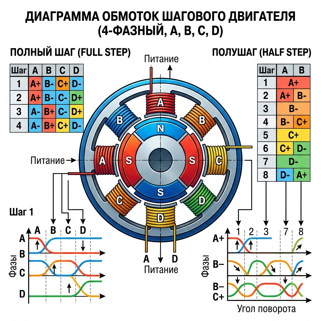 Принцип работы шагового двигателя: обмотки, ротор, дискретные шаги