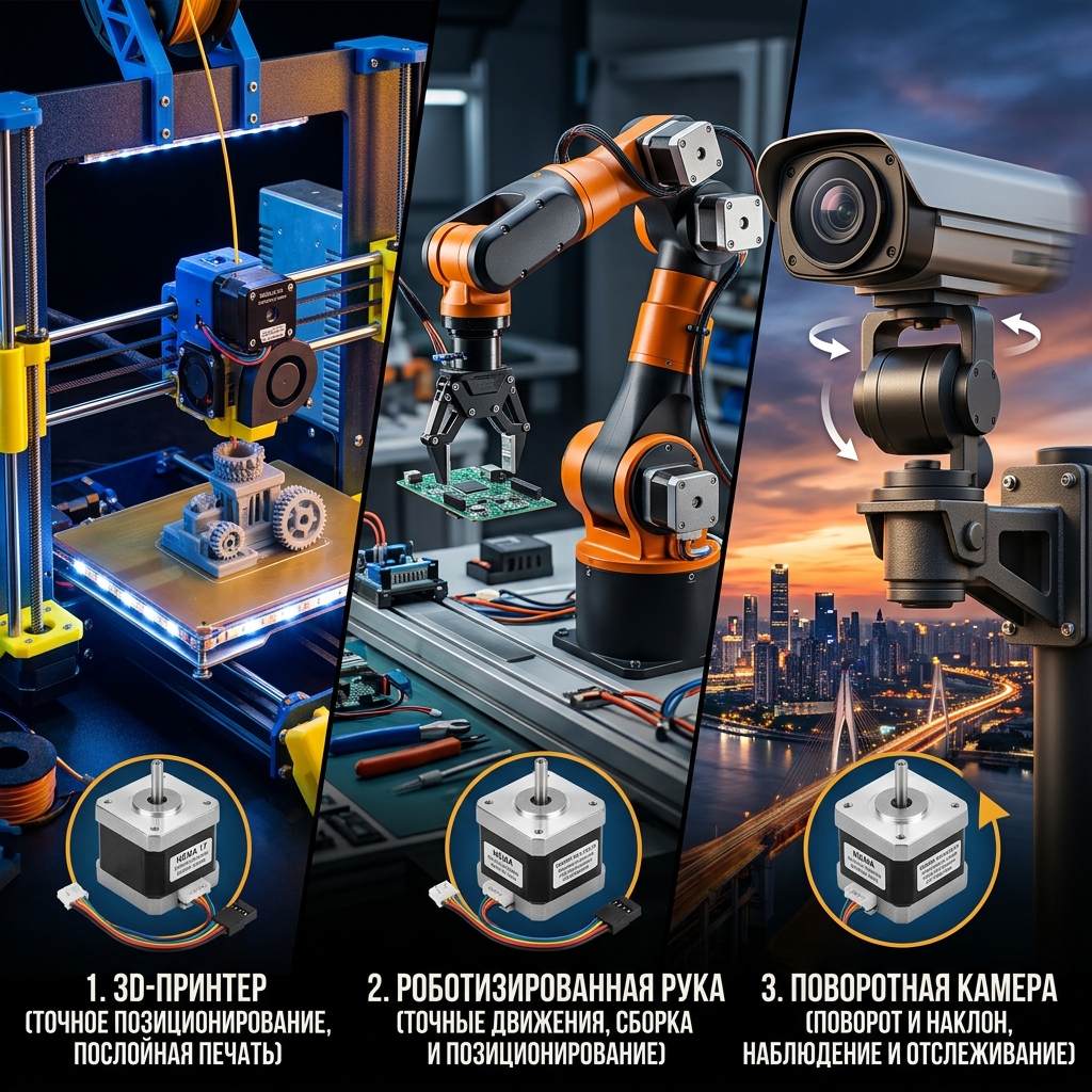 Применения шагового двигателя: 3D-принтеры, роботизированные руки, камеры