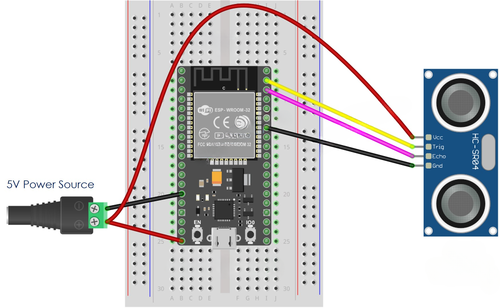 Схема подключения HC-SR04 к ESP32